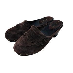 Y2K Nine & Company Suede Leather Fringe Studded Clog Mule Brown Size 8